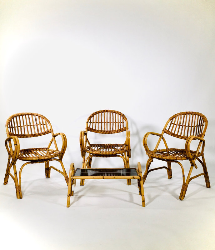 Série de 3 fauteuils en bambou et rotin